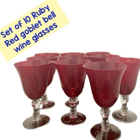 VTG BELL WINE GLASSES RUBY RED GOBLET SET OF 10 LARGE SIZE COLLECTIBLE RARE - Picture 1 of 16